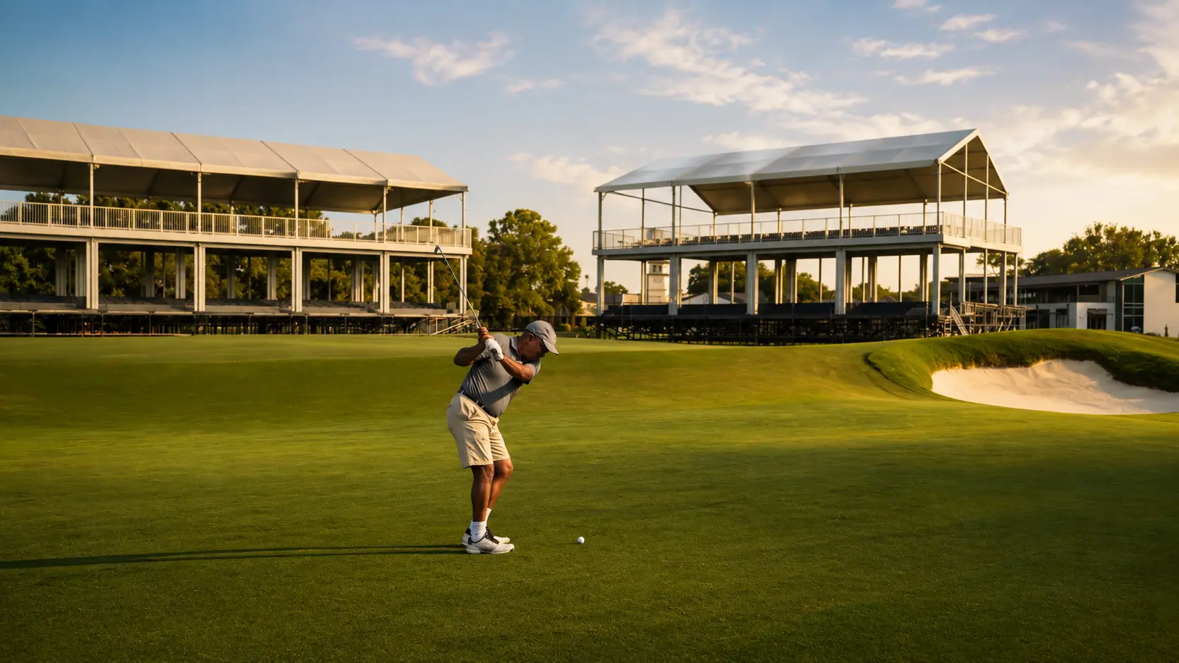 Arjun Sen playing an approach shot to the eighteenth green at Memorial Park Golf Course in Houston, with empty tournament grandstands behind him.